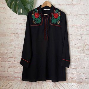 ZARA Trafaluc Black Floral Embroidered Tunic Top Shirt Dress Size XS